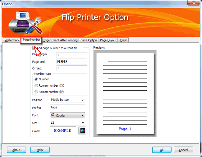 flip printer set page number